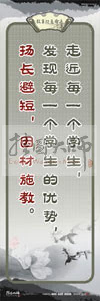教師素養(yǎng)標(biāo)語(yǔ) 學(xué)校教師標(biāo)語(yǔ) 教育素養(yǎng)標(biāo)語(yǔ) 教師標(biāo)語(yǔ) 走近每一個(gè)學(xué)生，發(fā)現(xiàn)每一個(gè)學(xué)生的優(yōu)勢(shì)，揚(yáng)長(zhǎng)避短，因材施教