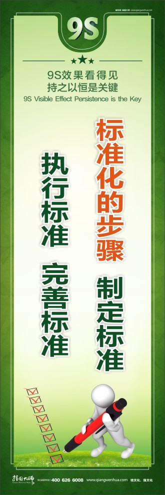 9S標(biāo)準(zhǔn)化的步驟：制定標(biāo)準(zhǔn)、執(zhí)行標(biāo)準(zhǔn)、完善標(biāo)準(zhǔn)